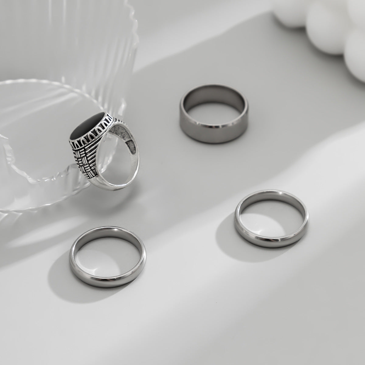 Men Pack of 4 Silver-Plated Stone Studded Finger Rings