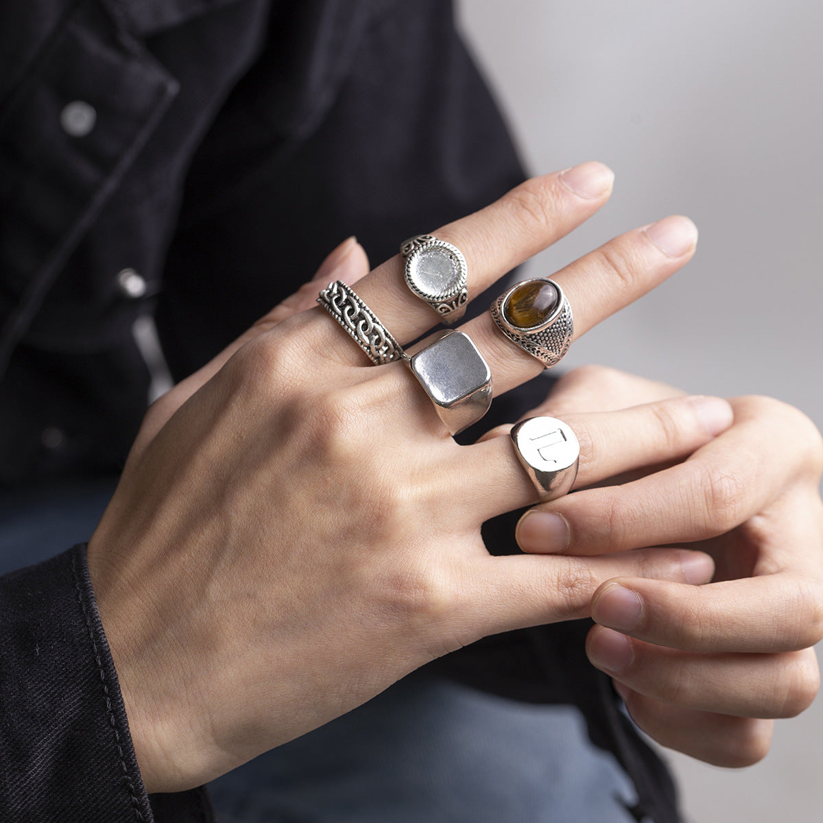 Set Of 5 Silver-Plated Finger Ring