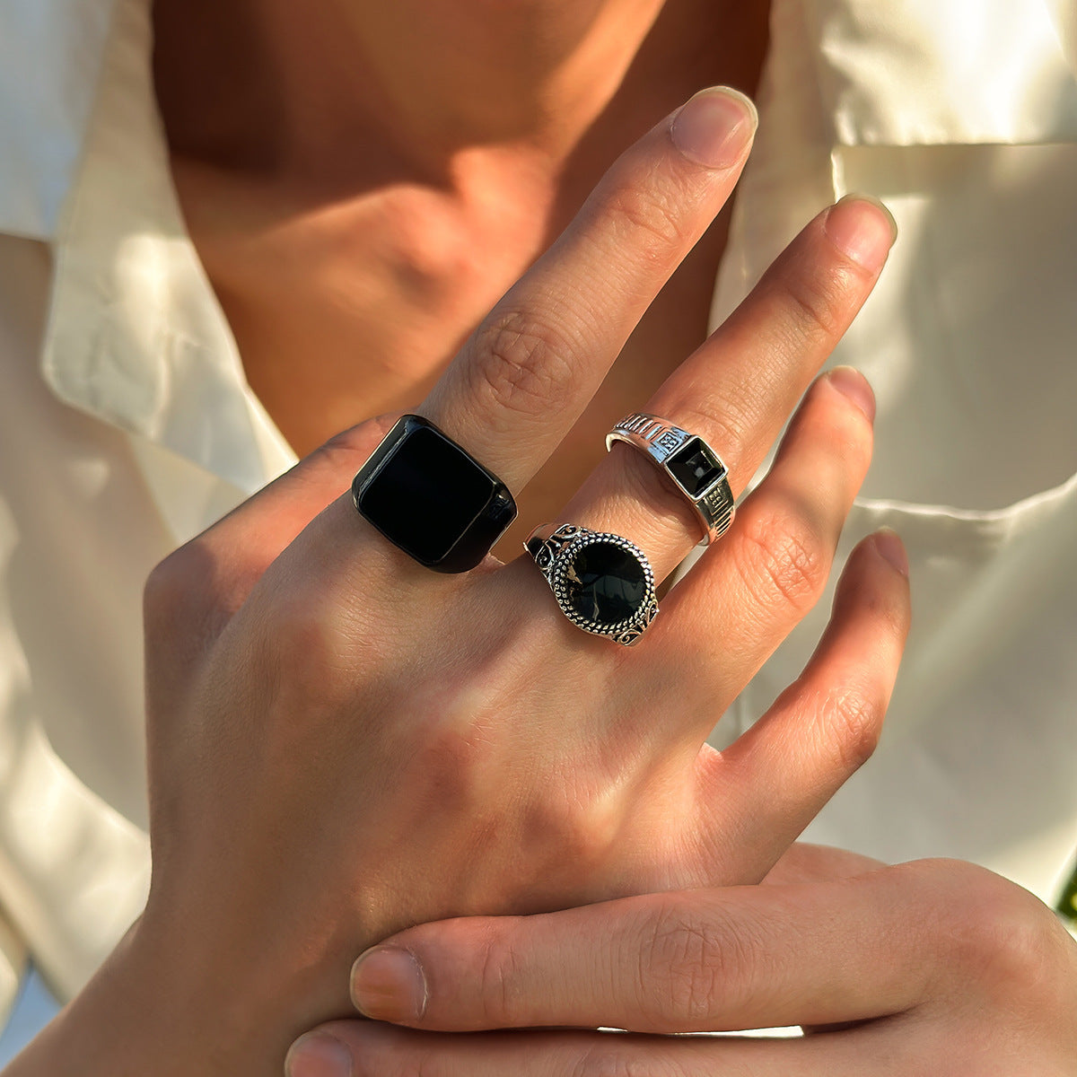 Set Of 3 Silver-Plated  Adjustable Finger Ring
