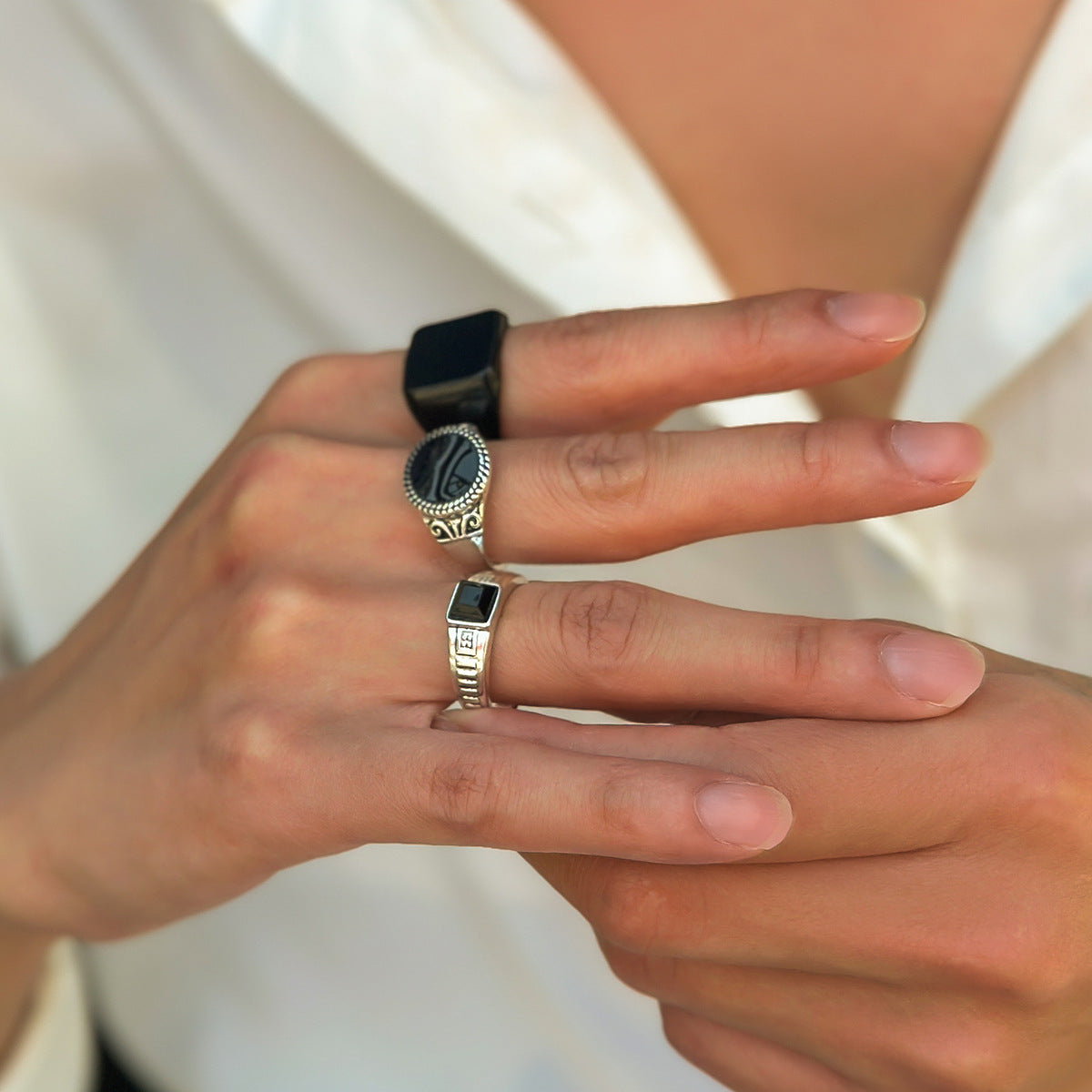 Set Of 3 Silver-Plated  Adjustable Finger Ring