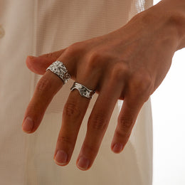 Men Set Of 2 Silver-Plated Textured Adjustable Finger Rings