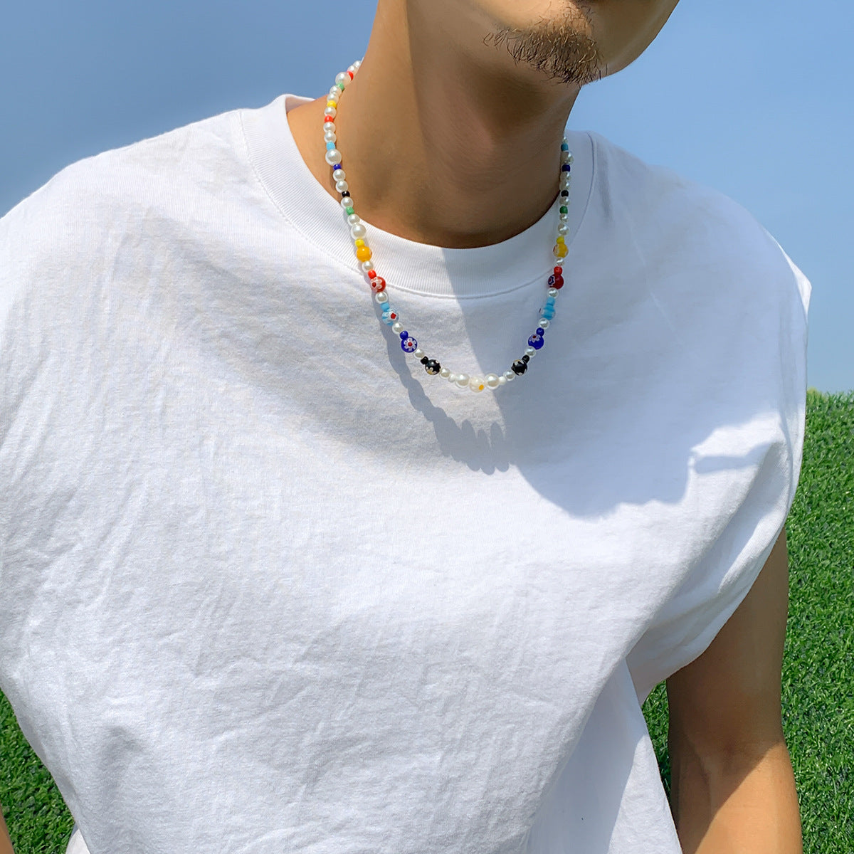 Silver-Plated Artificial Beaded Minimal Necklace