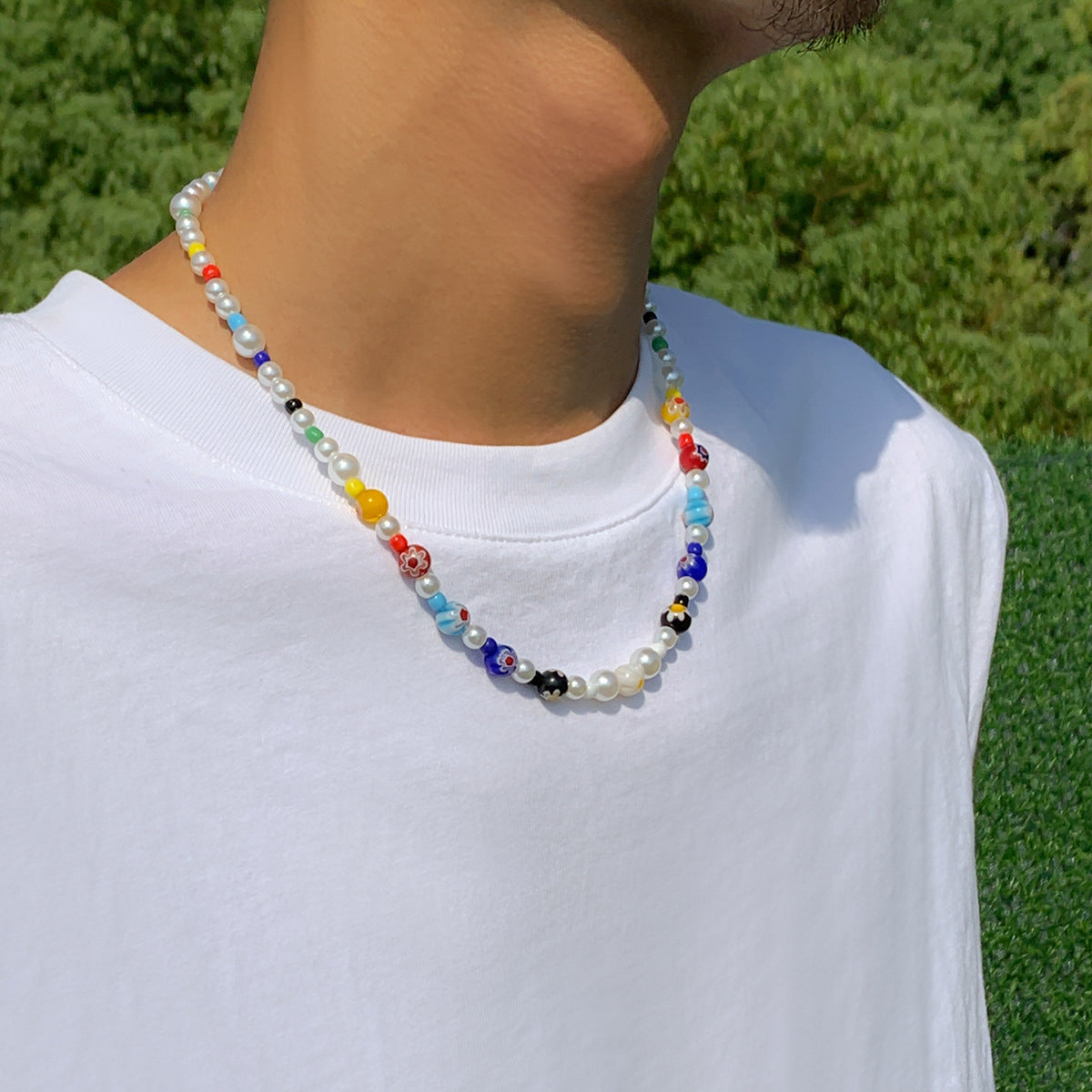 Silver-Plated Artificial Beaded Minimal Necklace
