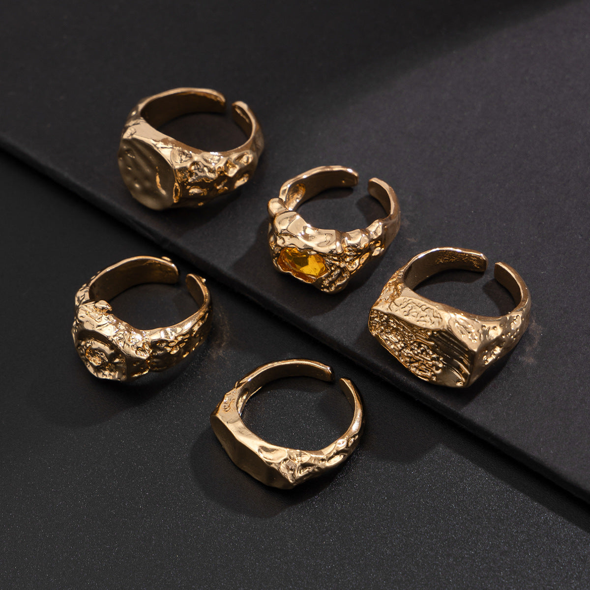 Men Pack of 5 Gold-Plated Stone Studded Finger Rings