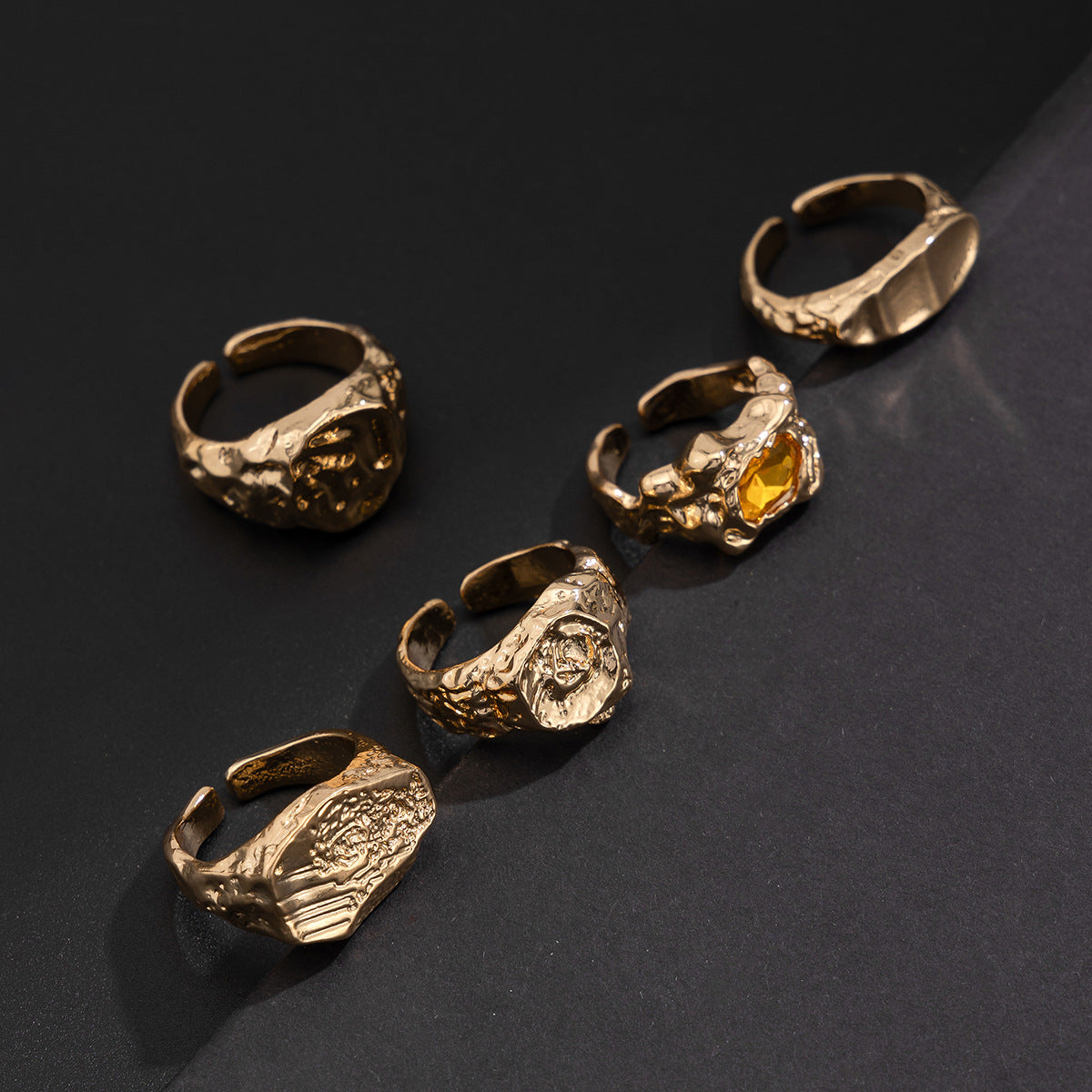 Men Pack of 5 Gold-Plated Stone Studded Finger Rings