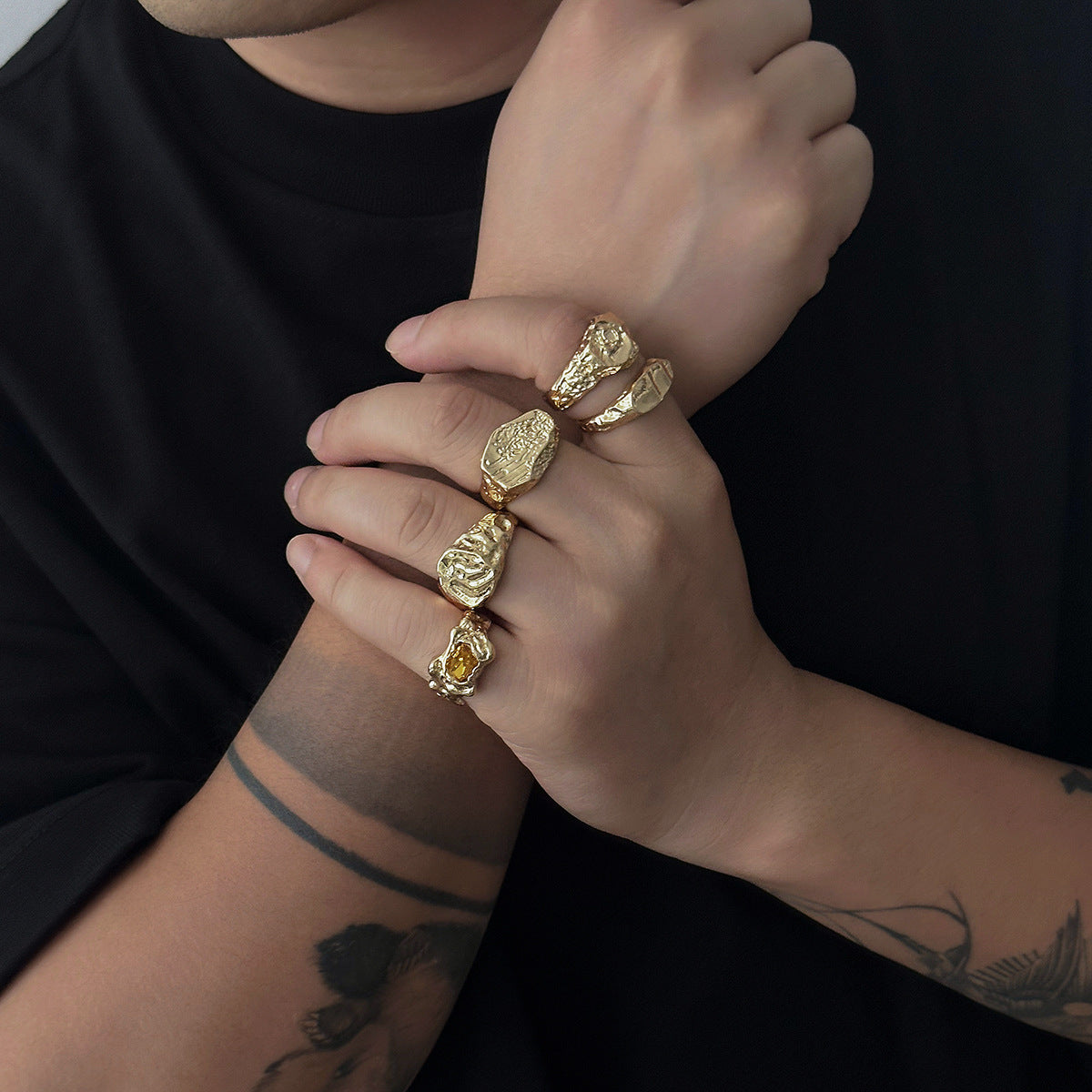 Men Pack of 5 Gold-Plated Stone Studded Finger Rings