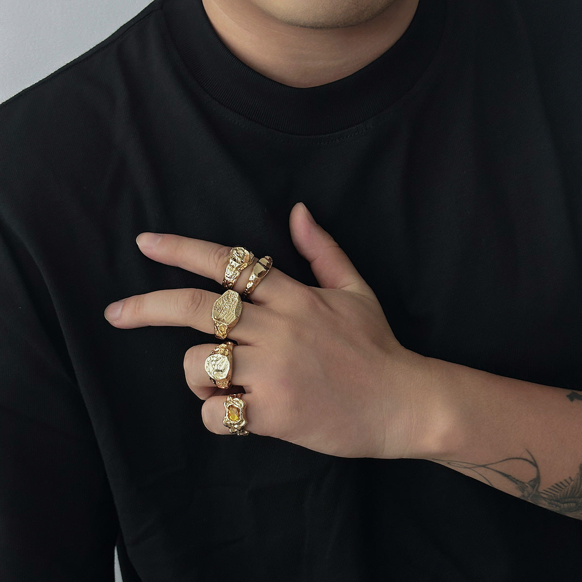 Men Pack of 5 Gold-Plated Stone Studded Finger Rings