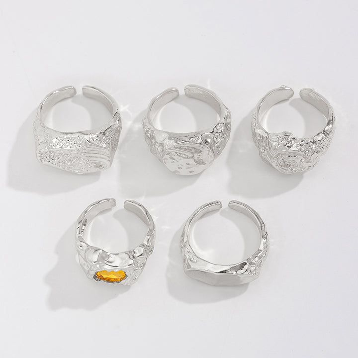 Men Set Of 5 Silver-Plated Stones-Studded Adjustable Finger Rings