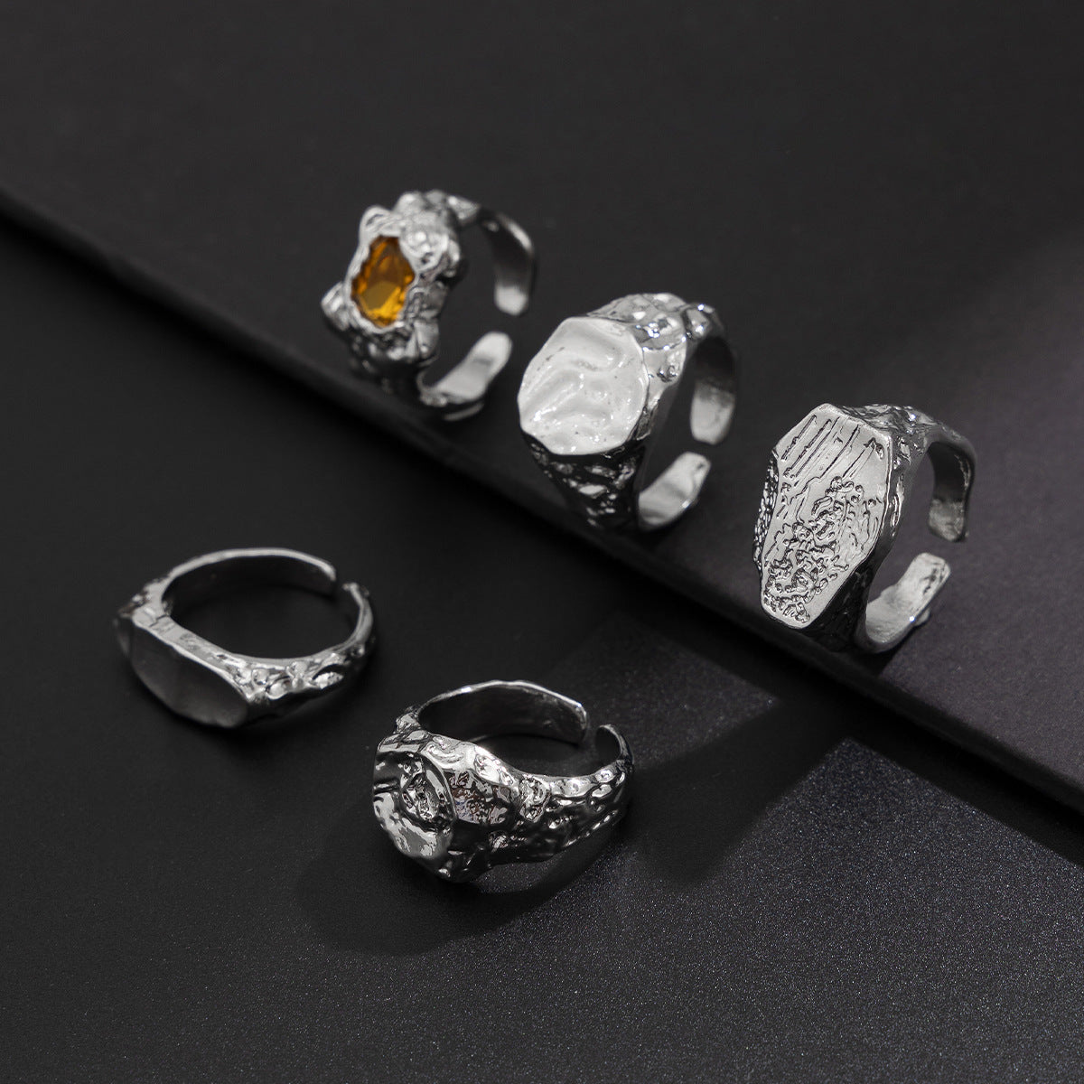 Men Set Of 5 Silver-Plated Stones-Studded Adjustable Finger Rings