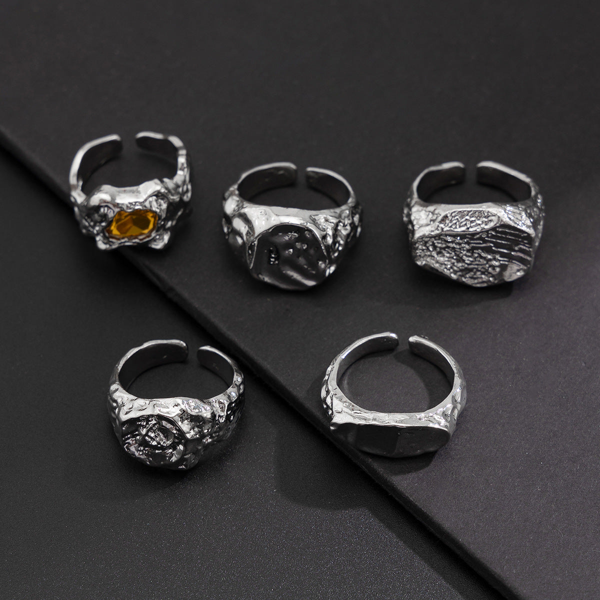 Men Set Of 5 Silver-Plated Stones-Studded Adjustable Finger Rings