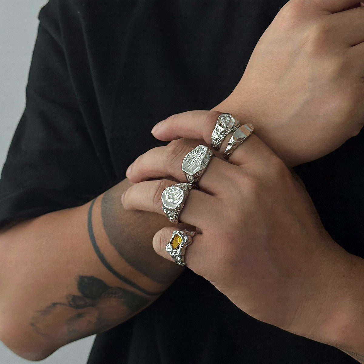 Men Set Of 5 Silver-Plated Stones-Studded Adjustable Finger Rings