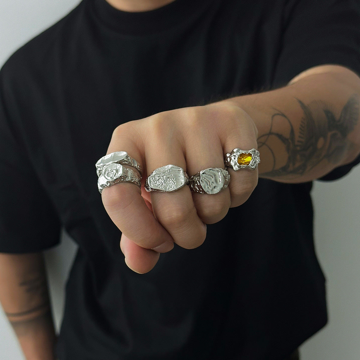 Men Set Of 5 Silver-Plated Stones-Studded Adjustable Finger Rings