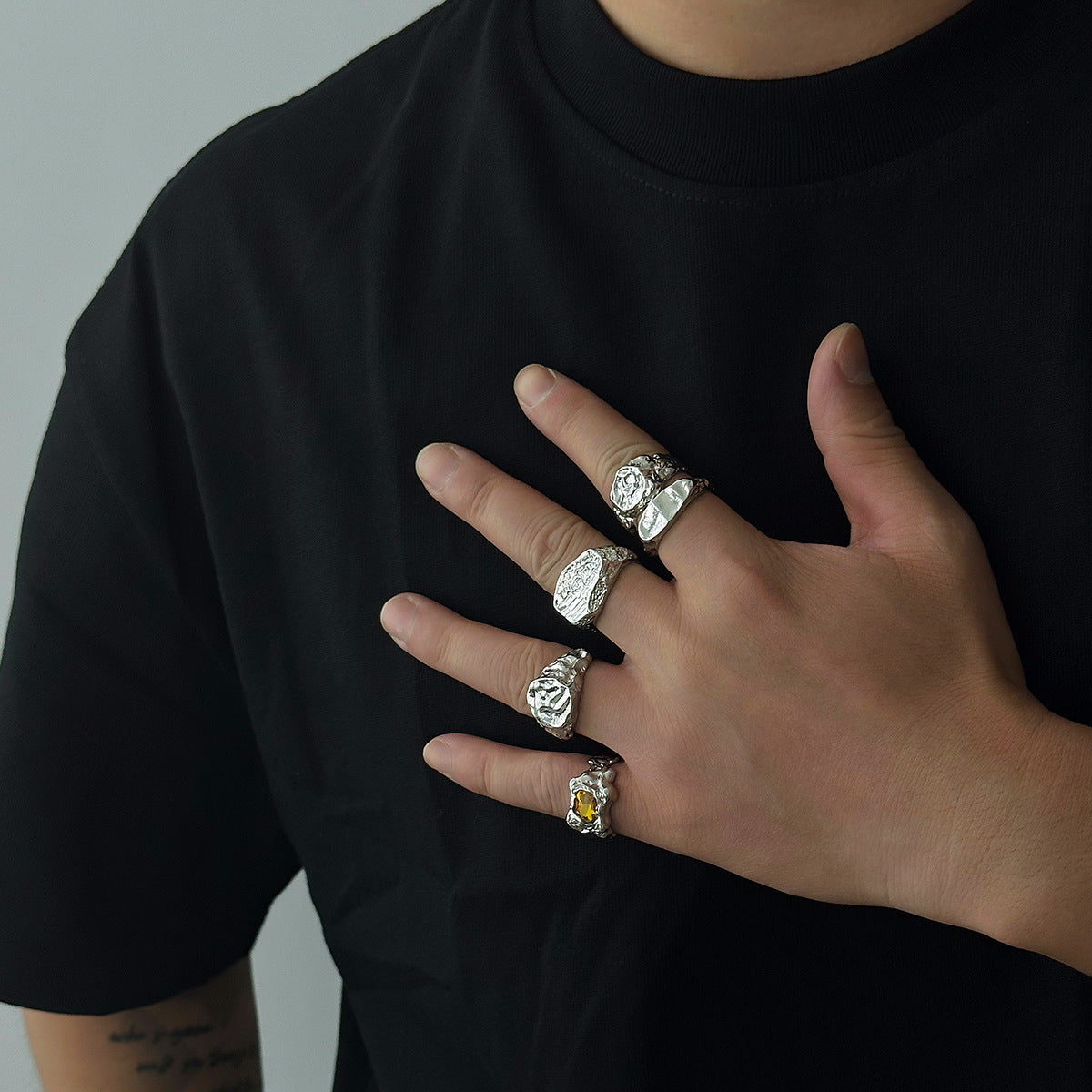 Men Set Of 5 Silver-Plated Stones-Studded Adjustable Finger Rings