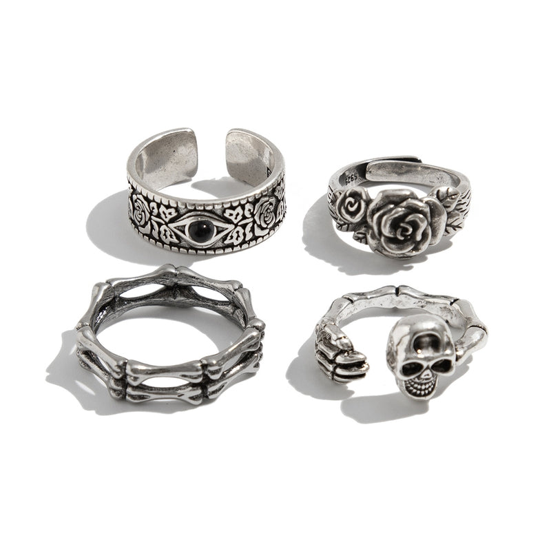 Set of 4 Silver-Plated Stone-Studded Adjustable Finger Ring