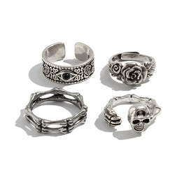 Set of 4 Silver-Plated Stone-Studded Adjustable Finger Ring