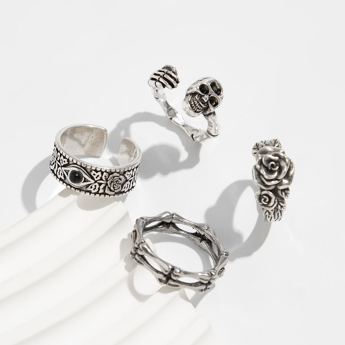 Set of 4 Silver-Plated Stone-Studded Adjustable Finger Ring
