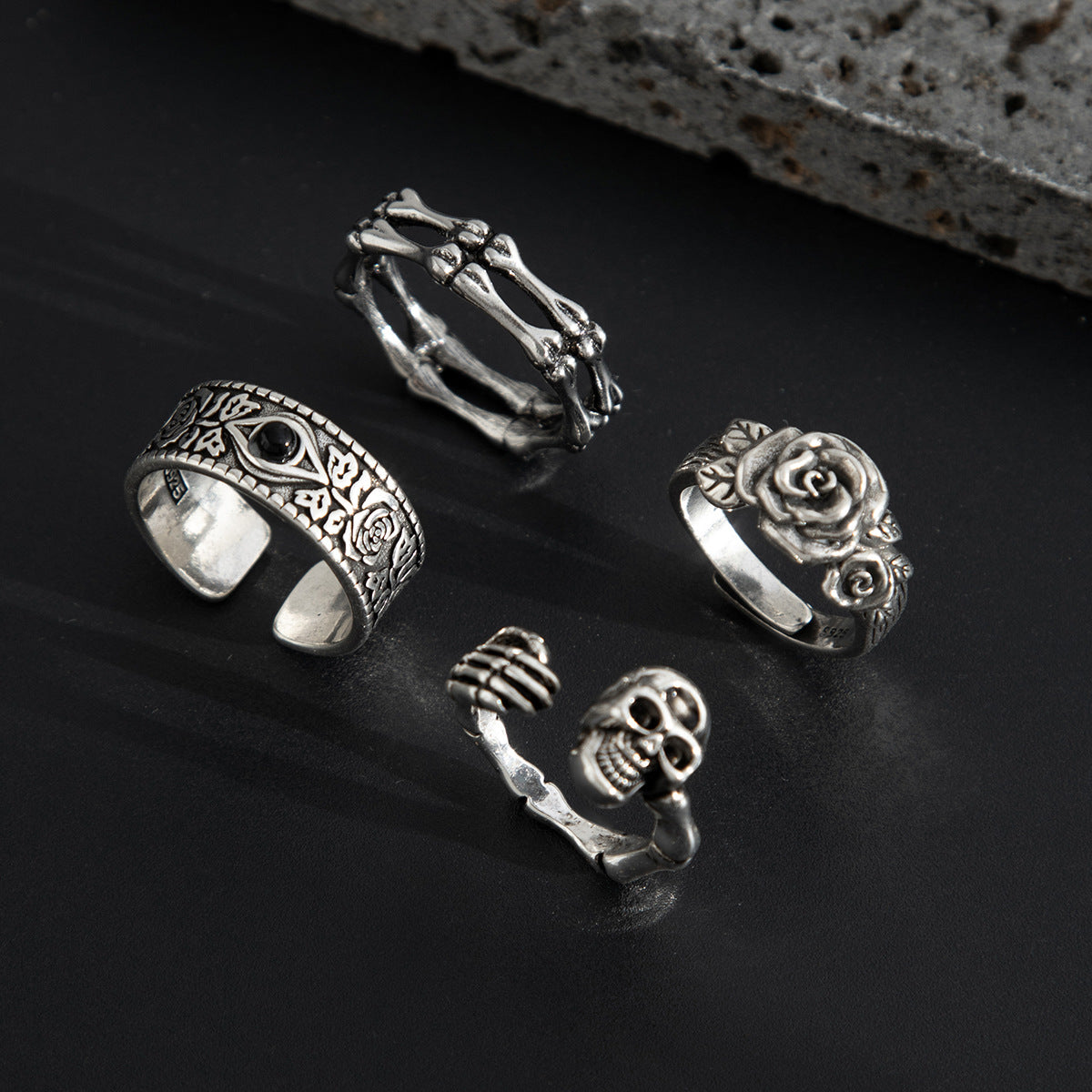 Set of 4 Silver-Plated Stone-Studded Adjustable Finger Ring
