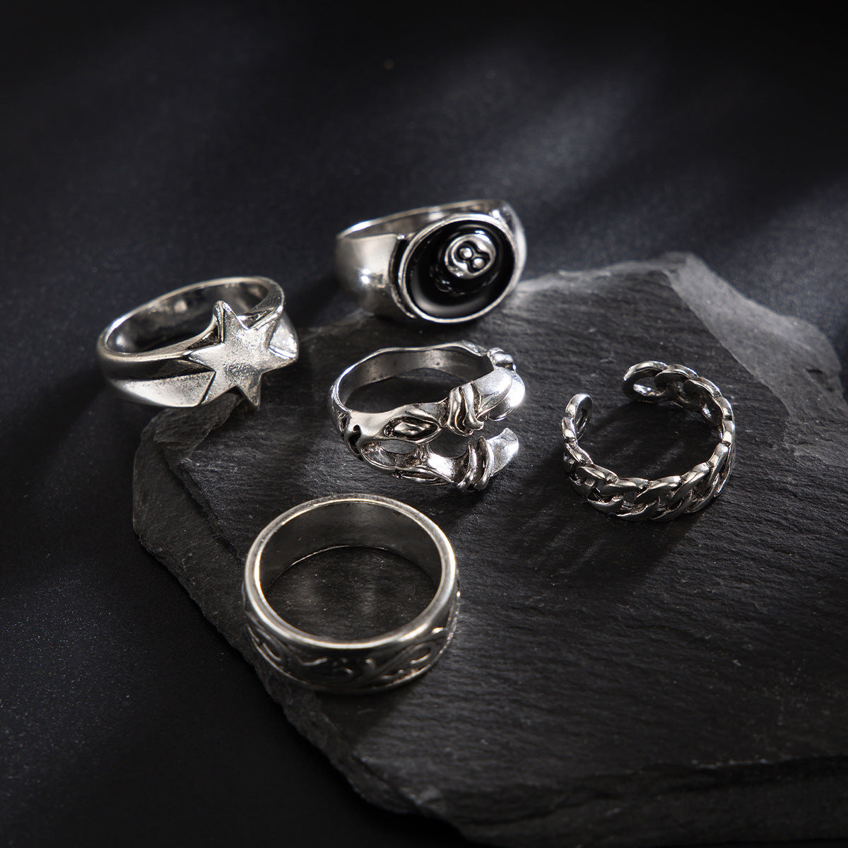 Set Of 5 Sliver-Plated Adjustable Finger Rings