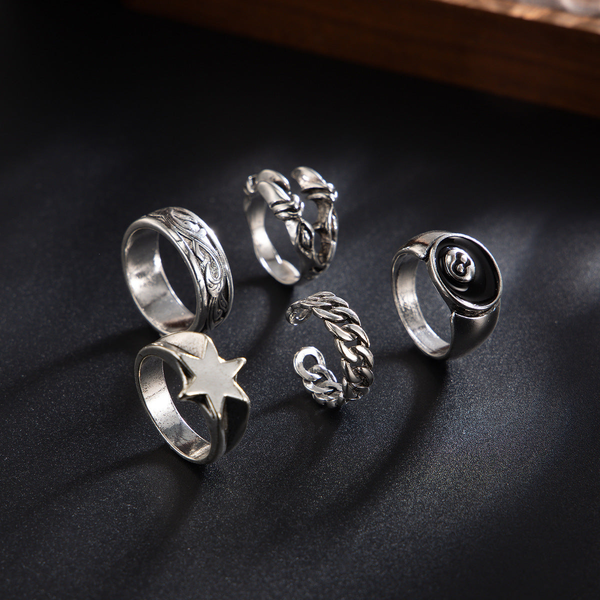 Set Of 5 Sliver-Plated Adjustable Finger Rings