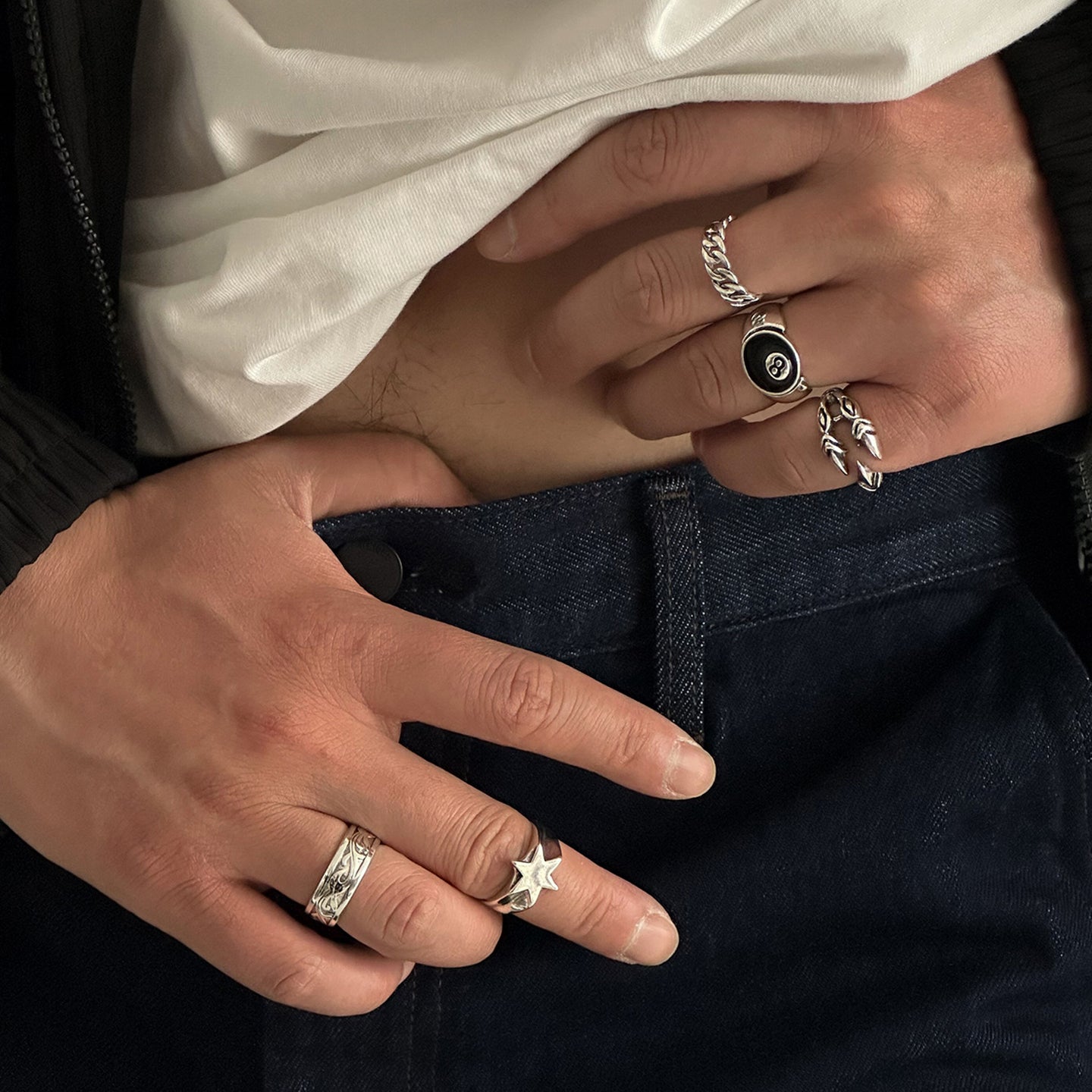 Set Of 5 Sliver-Plated Adjustable Finger Rings