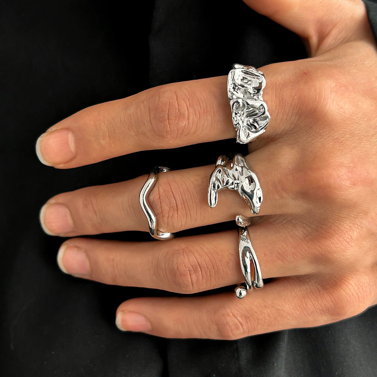 Men Set Of 4 Sliver-Plated Adjustable Finger Rings