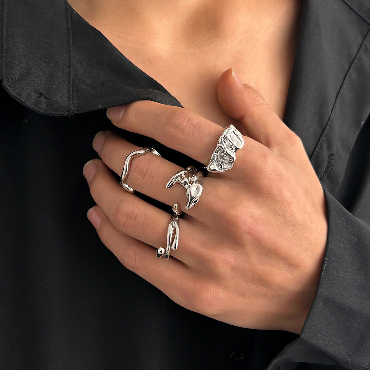 Men Set Of 4 Sliver-Plated Adjustable Finger Rings