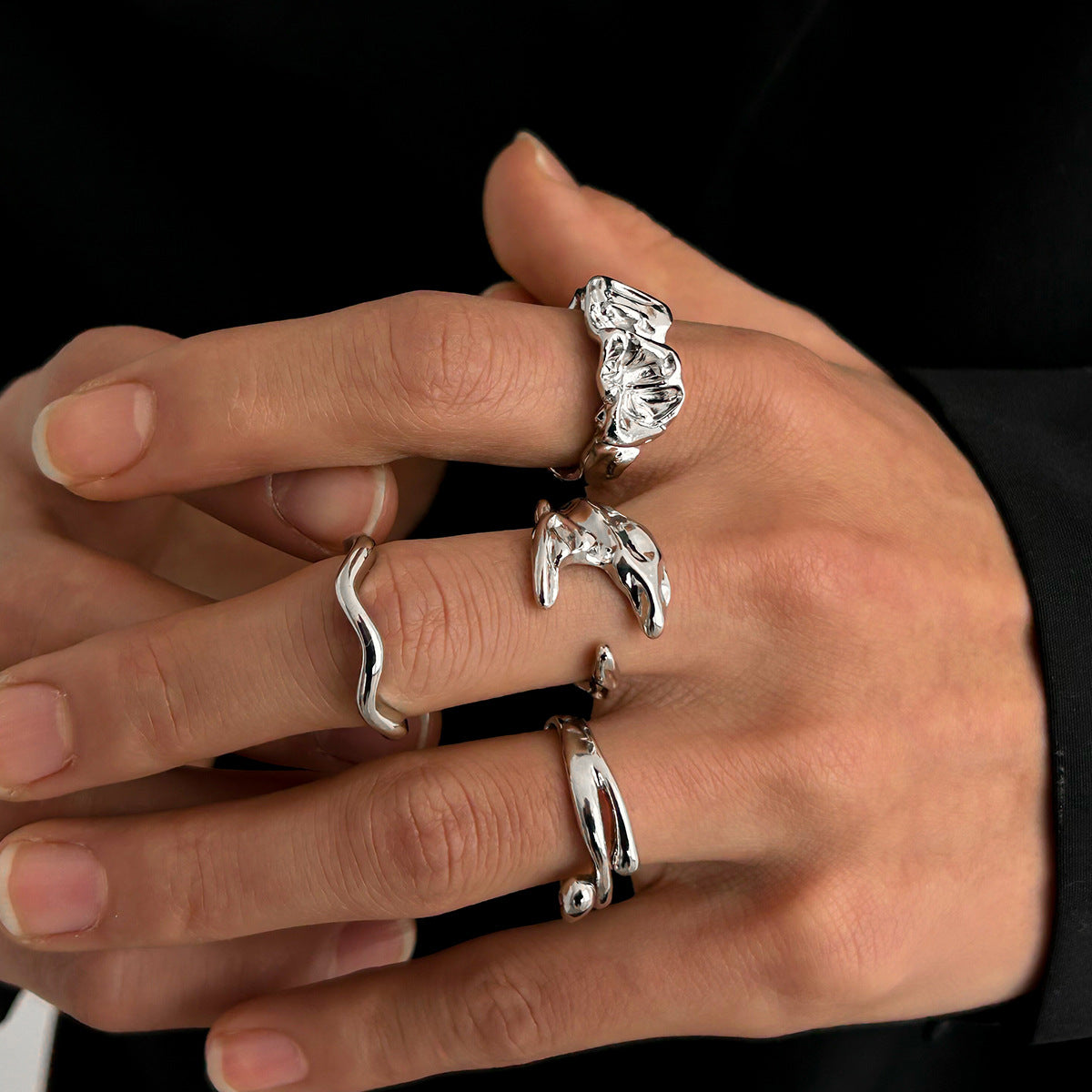 Men Set Of 4 Sliver-Plated Adjustable Finger Rings