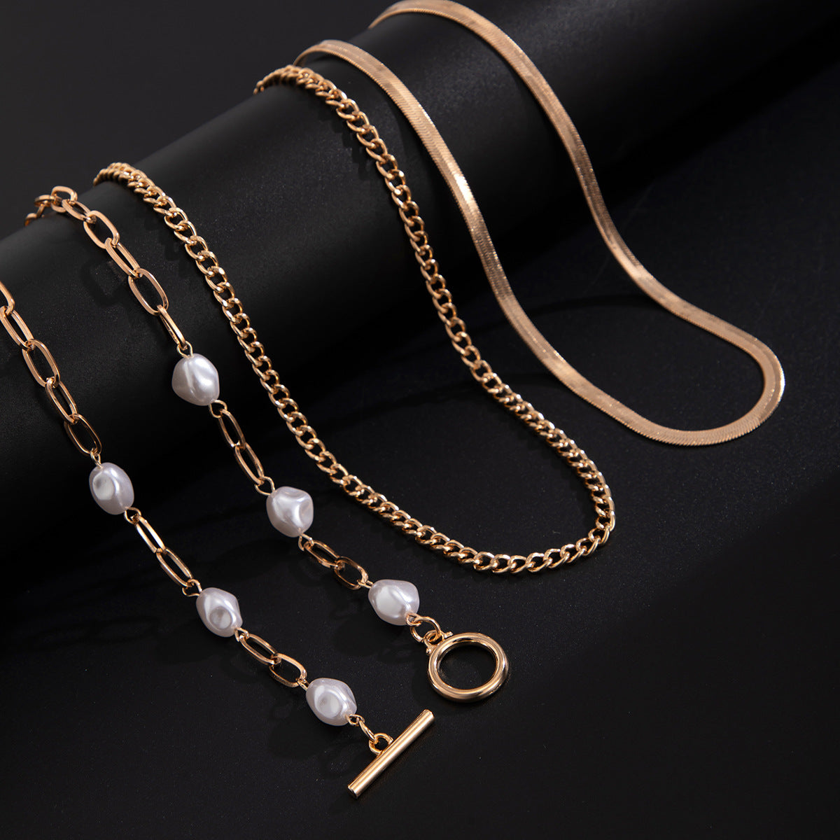 SEt Of 3 Gold-Plated Artificial Baeded MInimal Necklace