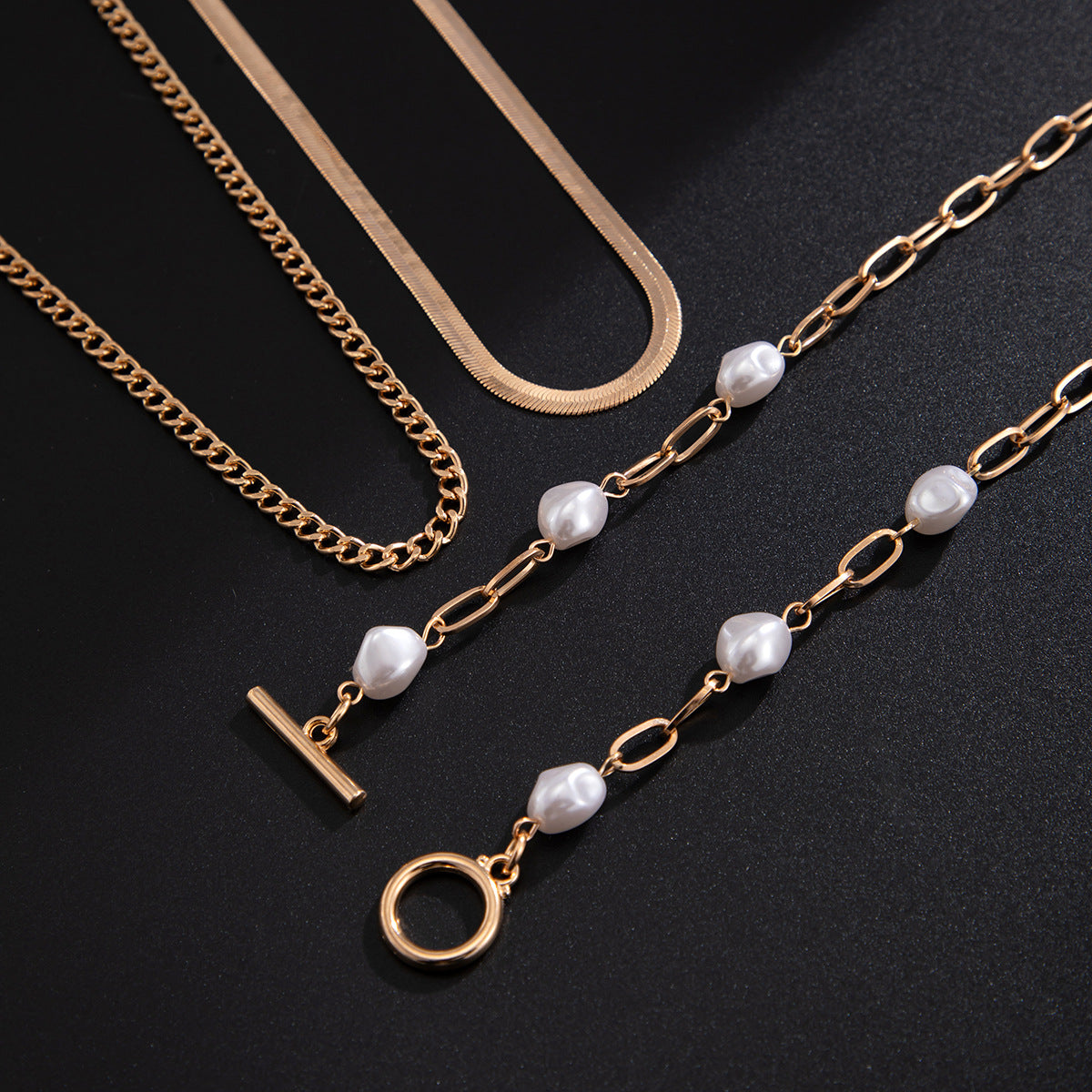 SEt Of 3 Gold-Plated Artificial Baeded MInimal Necklace