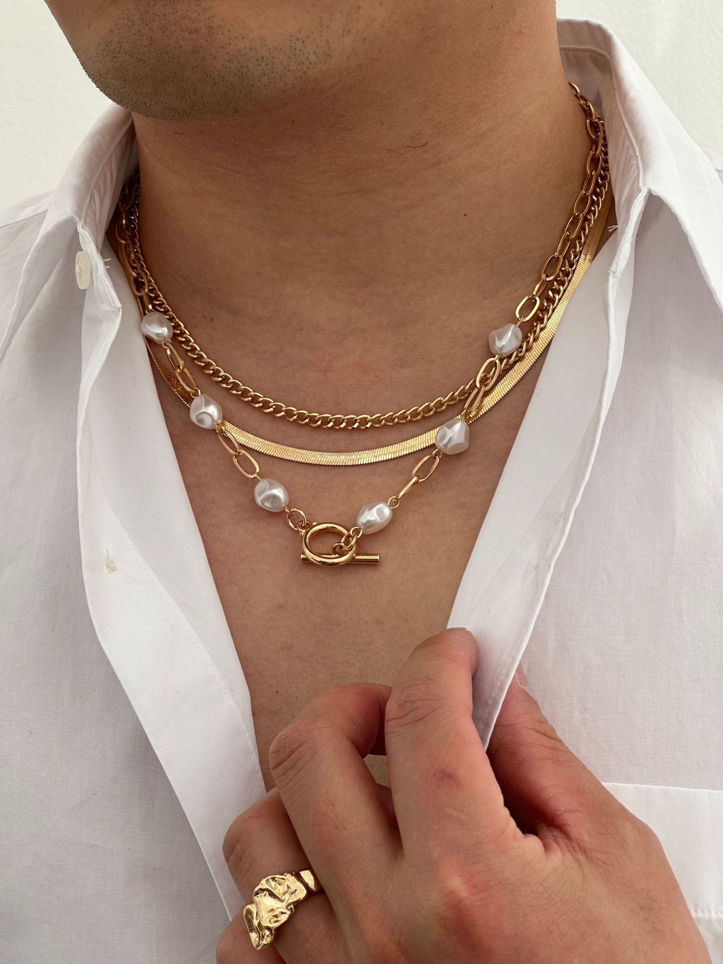 SEt Of 3 Gold-Plated Artificial Baeded MInimal Necklace