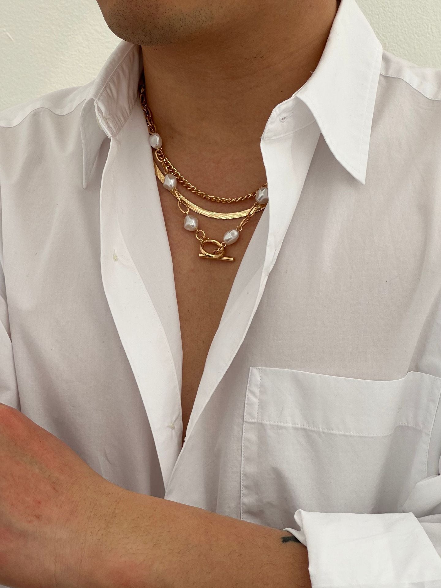 SEt Of 3 Gold-Plated Artificial Baeded MInimal Necklace