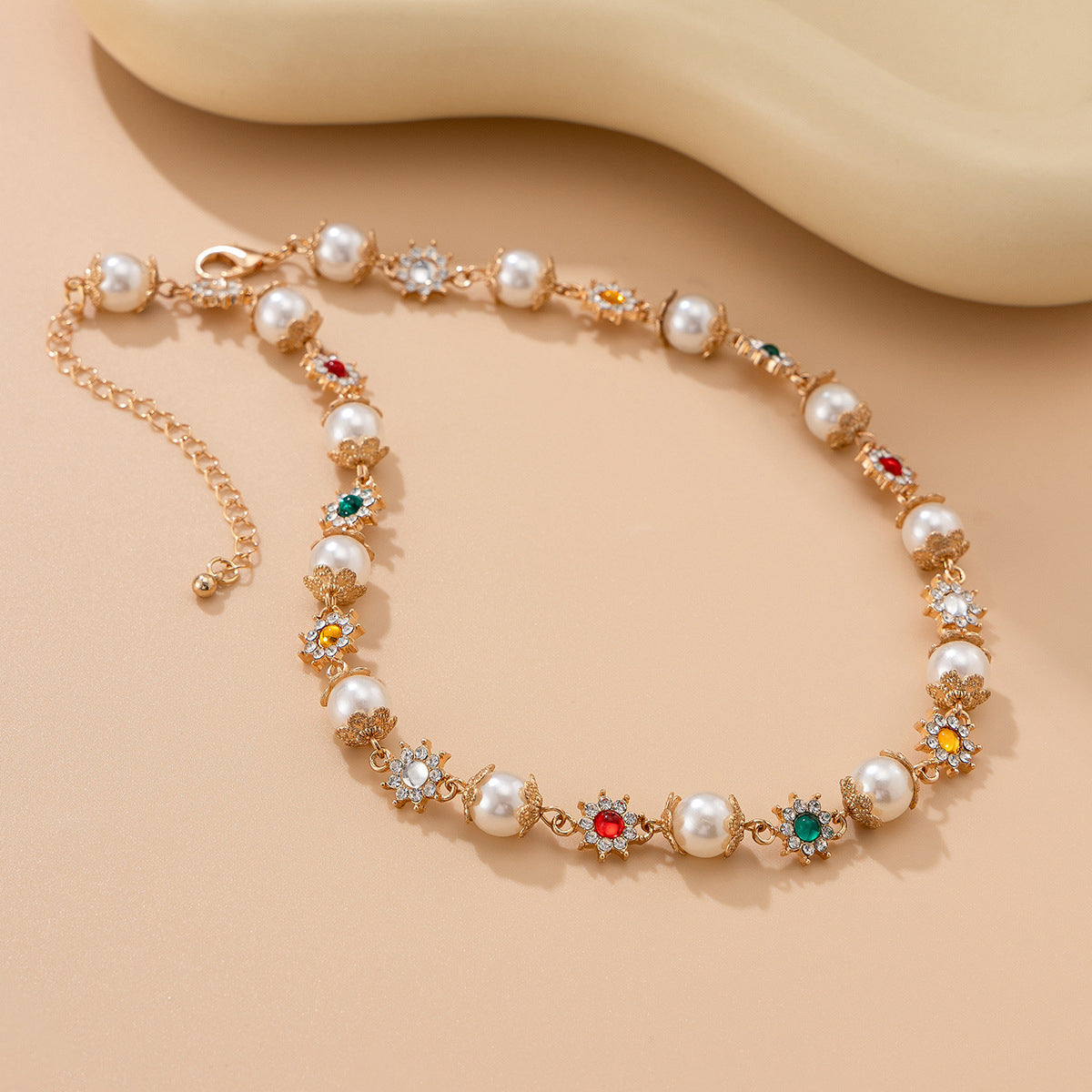 Gold-Plated Artificial Stones Studded & Pearls Beaded Necklace