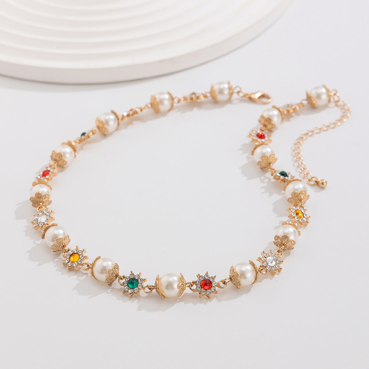 Gold-Plated Artificial Stones Studded & Pearls Beaded Necklace