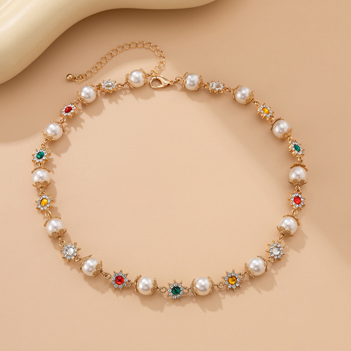Gold-Plated Artificial Stones Studded & Pearls Beaded Necklace