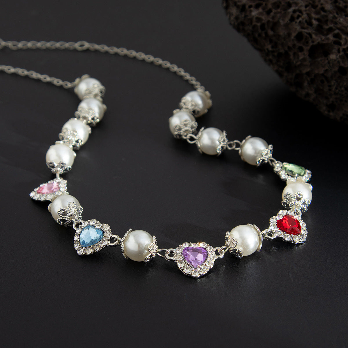 Silver-Plated Artificial Stones Studded And Beaded Necklace