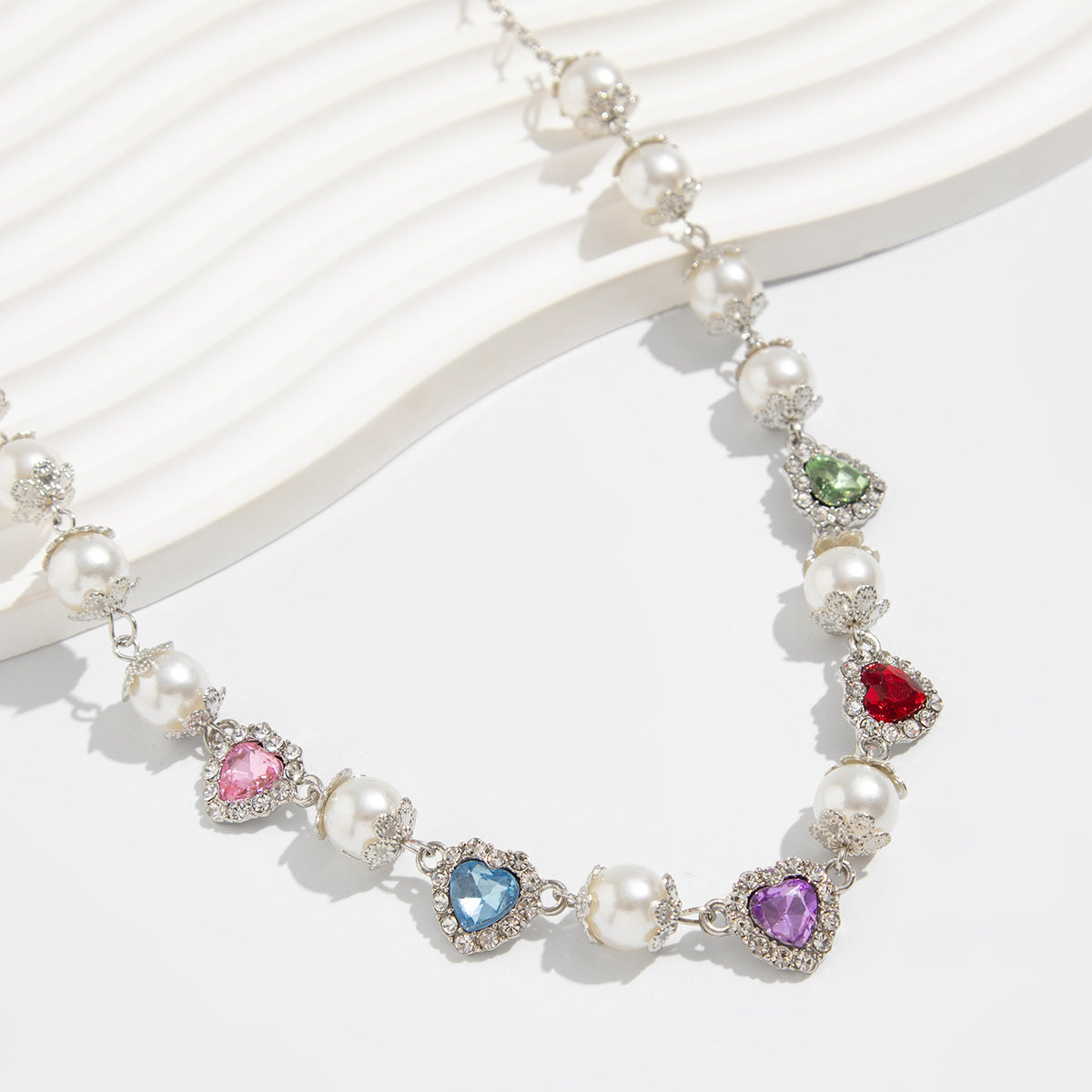 Silver-Plated Artificial Stones Studded And Beaded Necklace