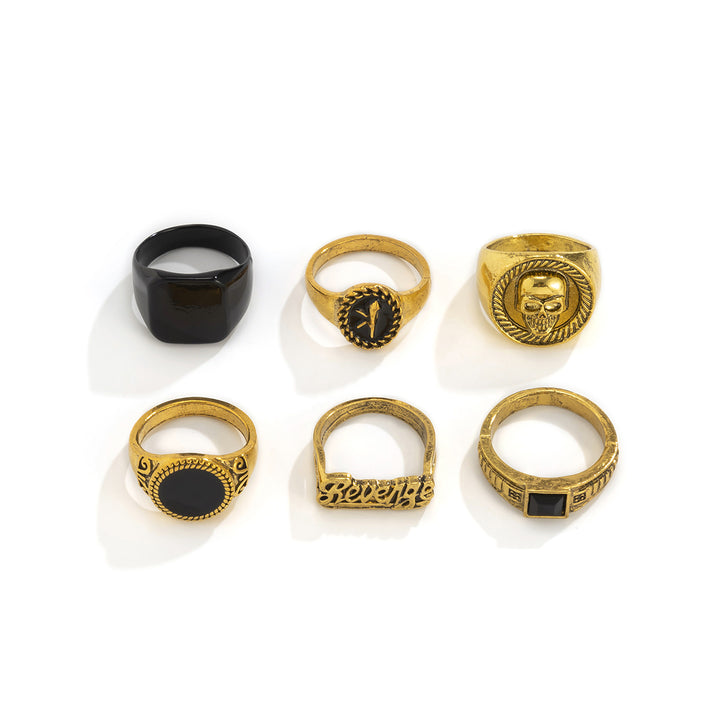 Men Pack Of 6 Gold-Plated Stone Studded Finger Rings