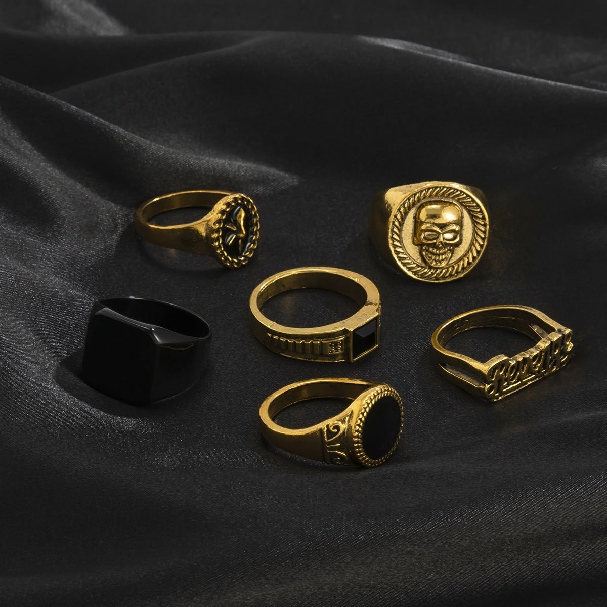 Men Pack Of 6 Gold-Plated Stone Studded Finger Rings