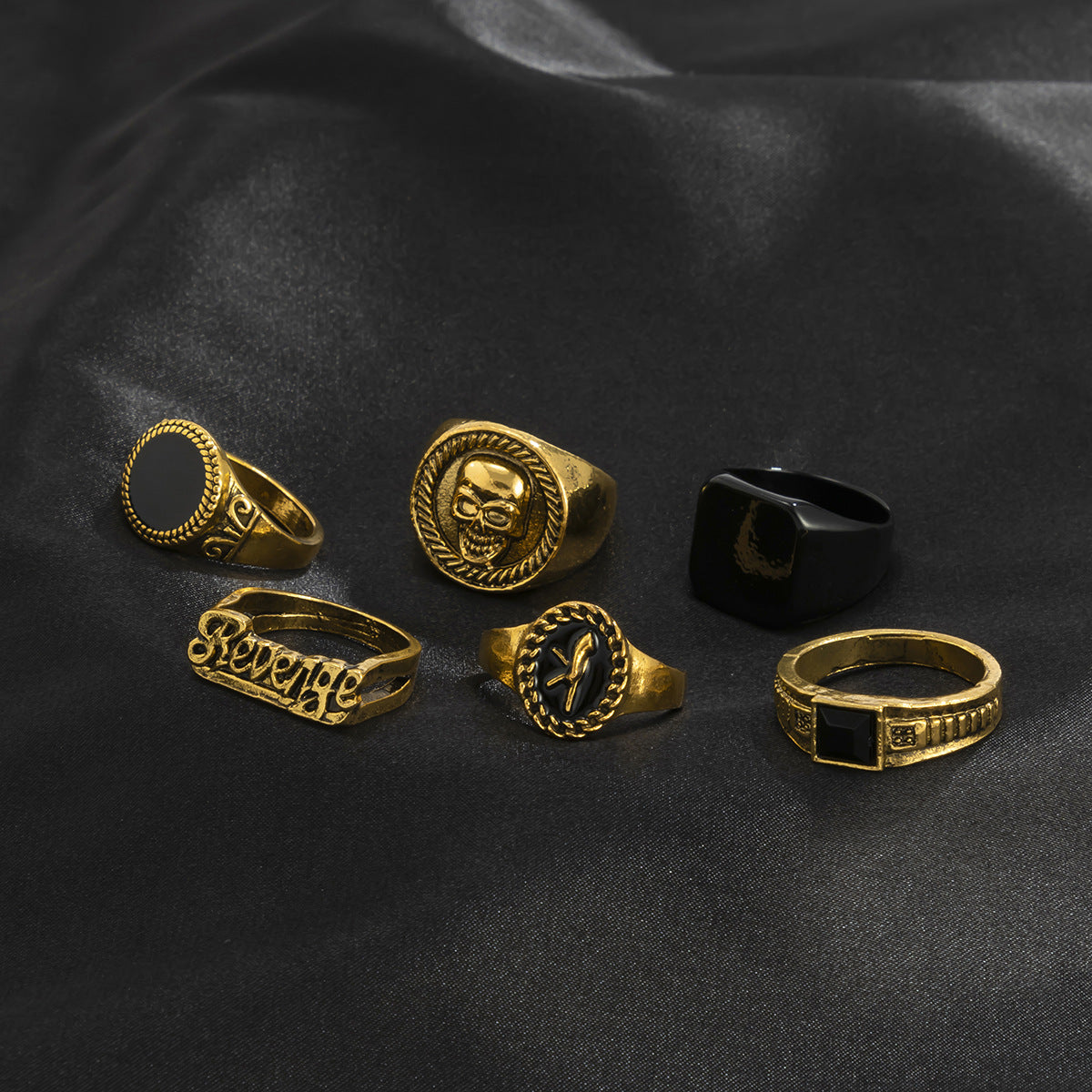 Men Pack Of 6 Gold-Plated Stone Studded Finger Rings