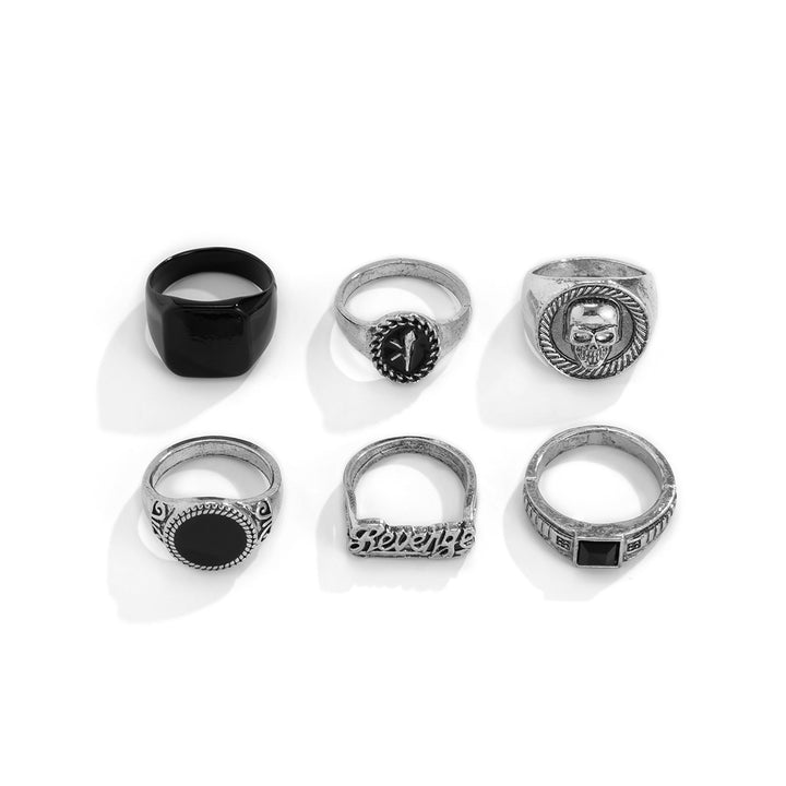Men Set Of 6 Silver-Plated Stones-Studded Finger Rings