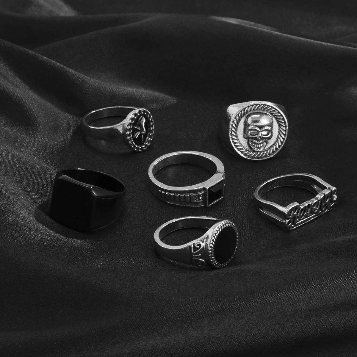 Men Set Of 6 Silver-Plated Stones-Studded Finger Rings