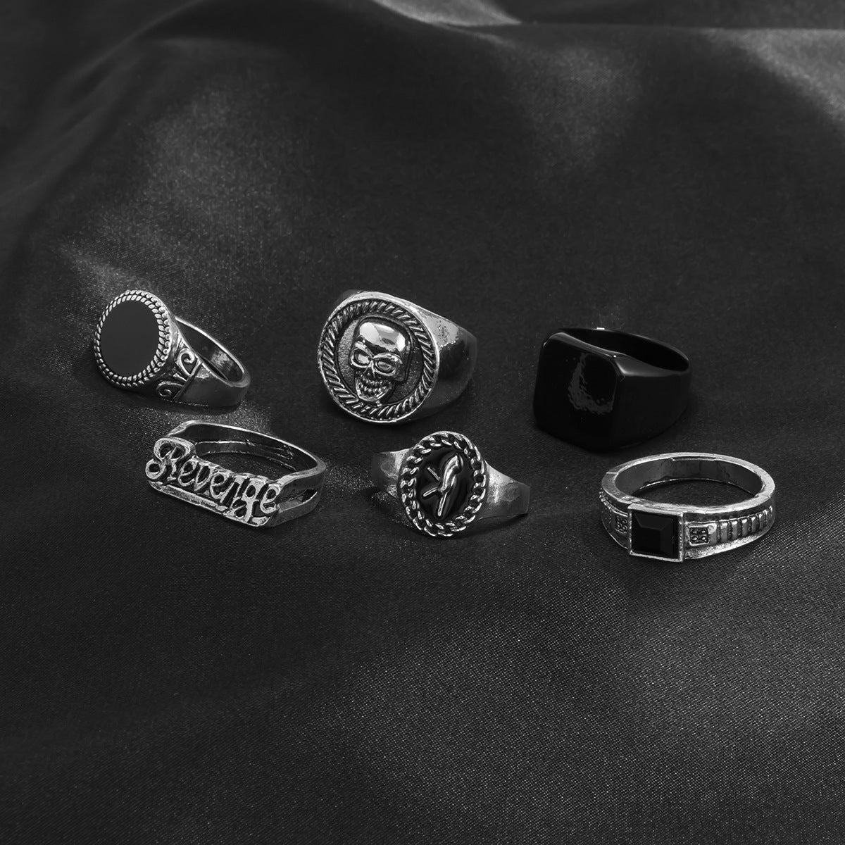 Men Set Of 6 Silver-Plated Stones-Studded Finger Rings