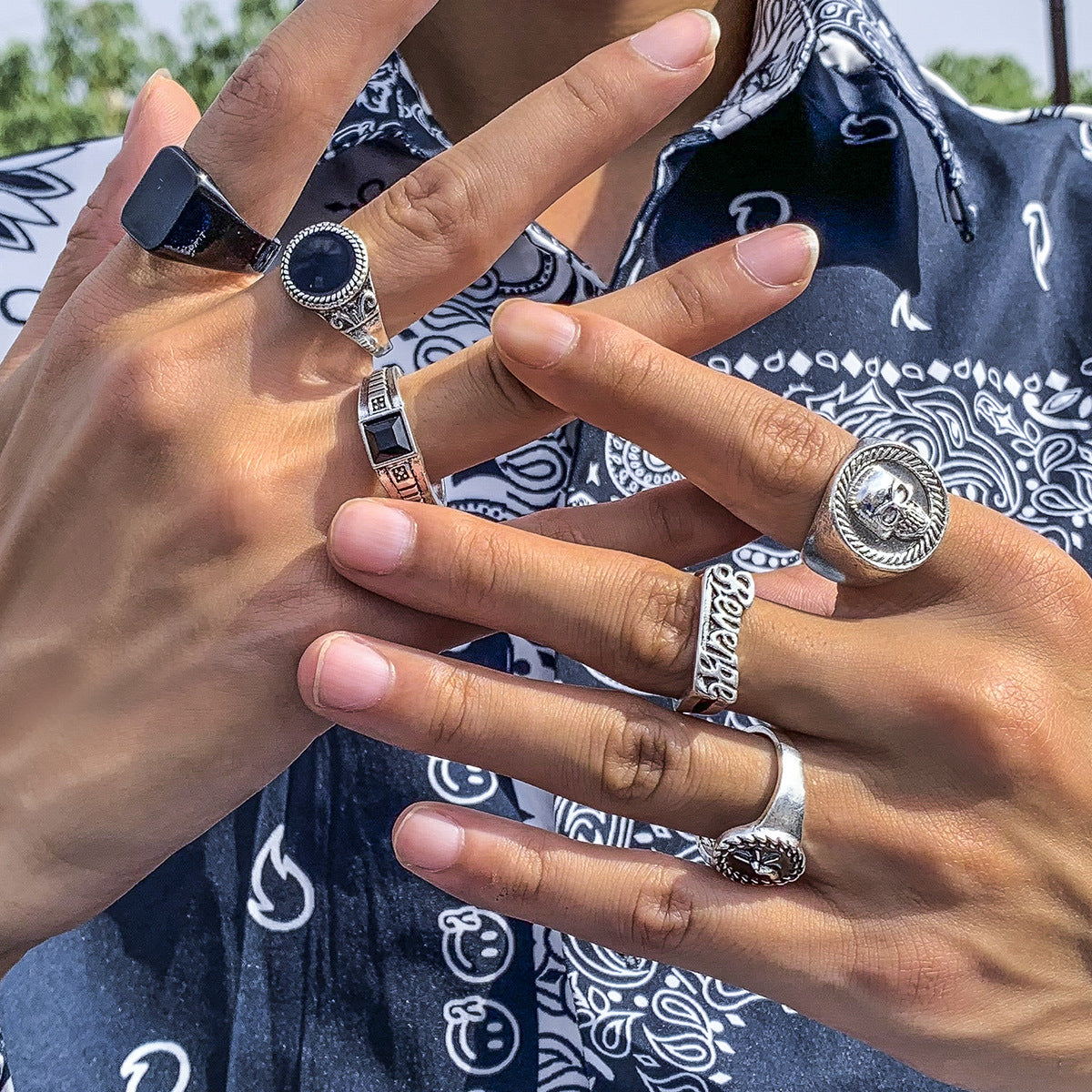Men Set Of 6 Silver-Plated Stones-Studded Finger Rings