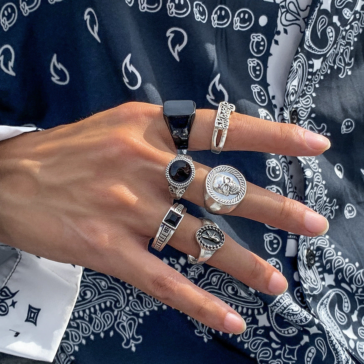 Men Set Of 6 Silver-Plated Stones-Studded Finger Rings