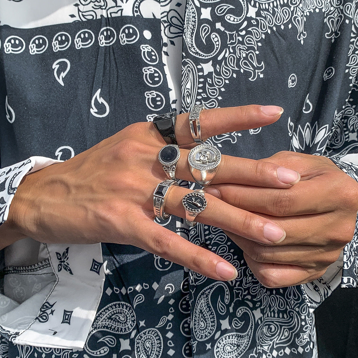 Men Set Of 6 Silver-Plated Stones-Studded Finger Rings