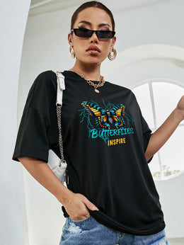 Black Graphic Printed Drop-Shoulder Longline T-Shirt