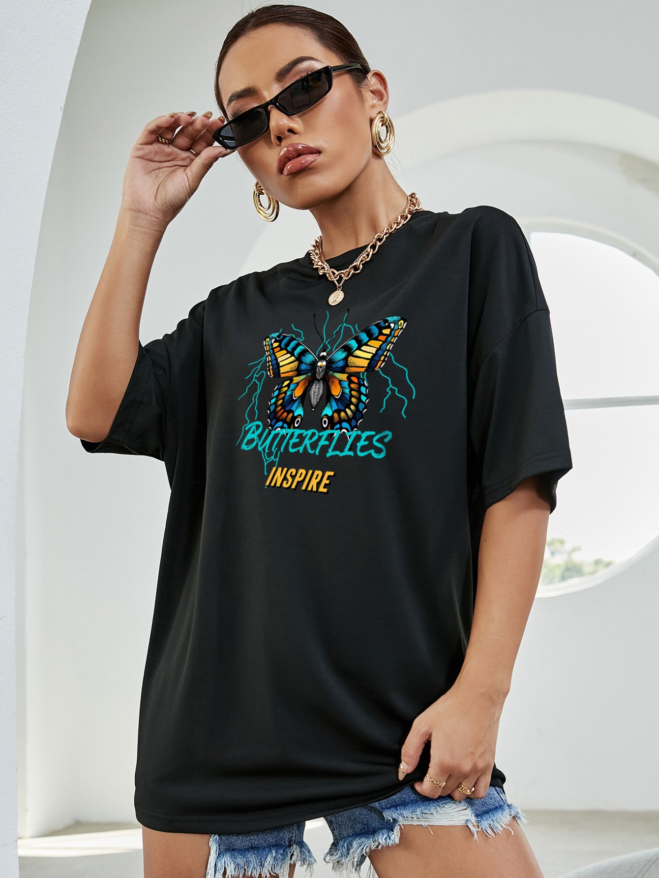 Black Graphic Printed Drop-Shoulder Longline T-Shirt