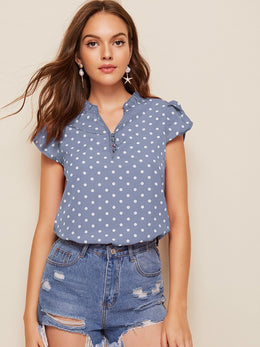 Blue Polka Dot High Neck Casual Top