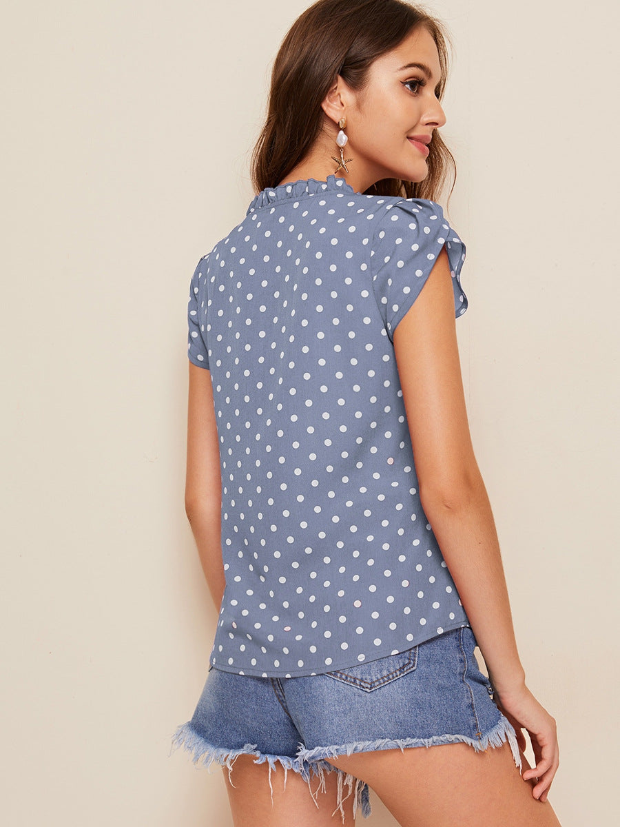 Blue Polka Dot High Neck Casual Top