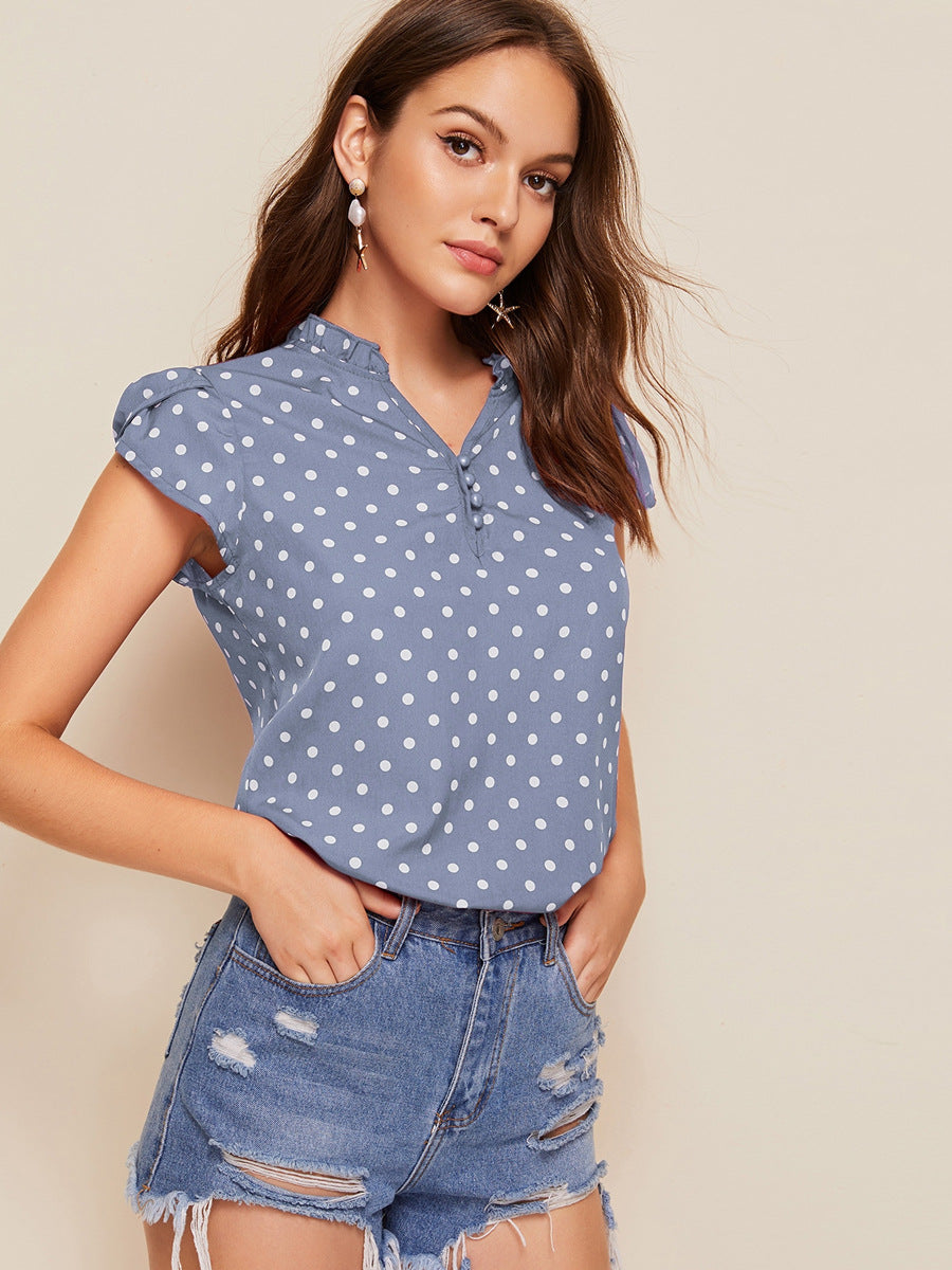 Blue Polka Dot High Neck Casual Top